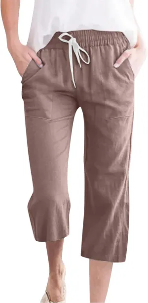 Linen Capri Pants for Women Casual Summer Capris Drawstring High Waist Pants Wide Leg Cropped Trousers