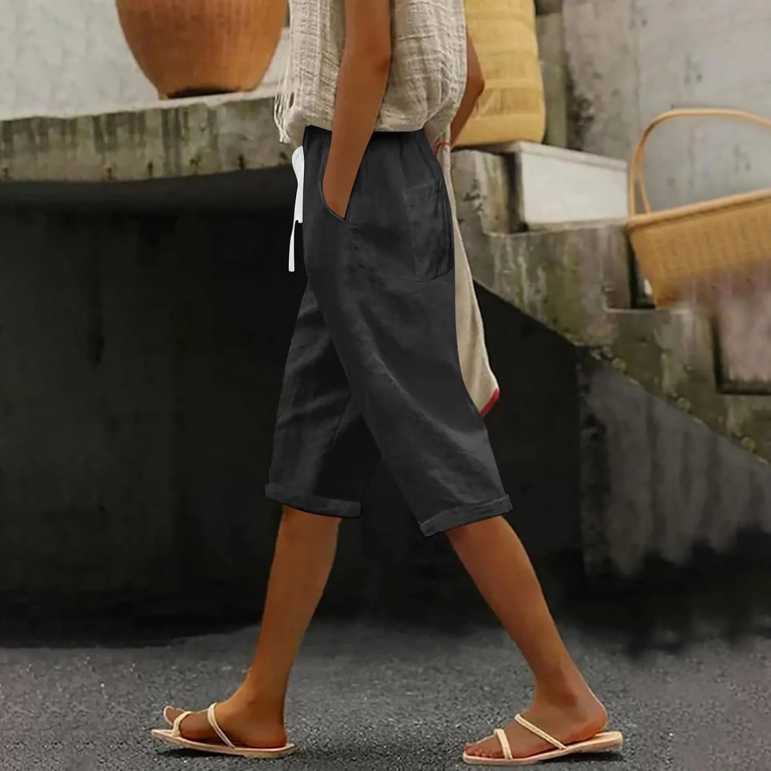 Linen Capri Pants for Women Casual Summer Capris Drawstring High Waist Pants Wide Leg Cropped Trousers