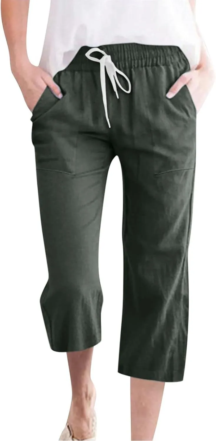 Linen Capri Pants for Women Casual Summer Capris Drawstring High Waist Pants Wide Leg Cropped Trousers