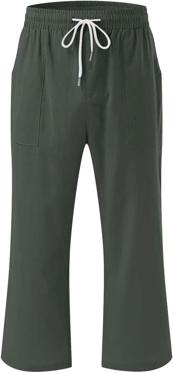 Linen Capri Pants for Women Casual Summer Capris Drawstring High Waist Pants Wide Leg Cropped Trousers