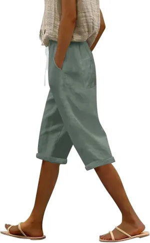 Linen Capri Pants for Women Casual Summer Capris Drawstring High Waist Pants Wide Leg Cropped Trousers