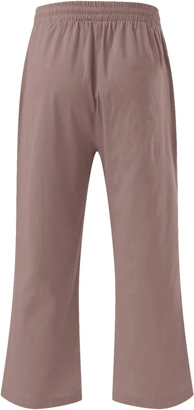 Linen Capri Pants for Women Casual Summer Capris Drawstring High Waist Pants Wide Leg Cropped Trousers