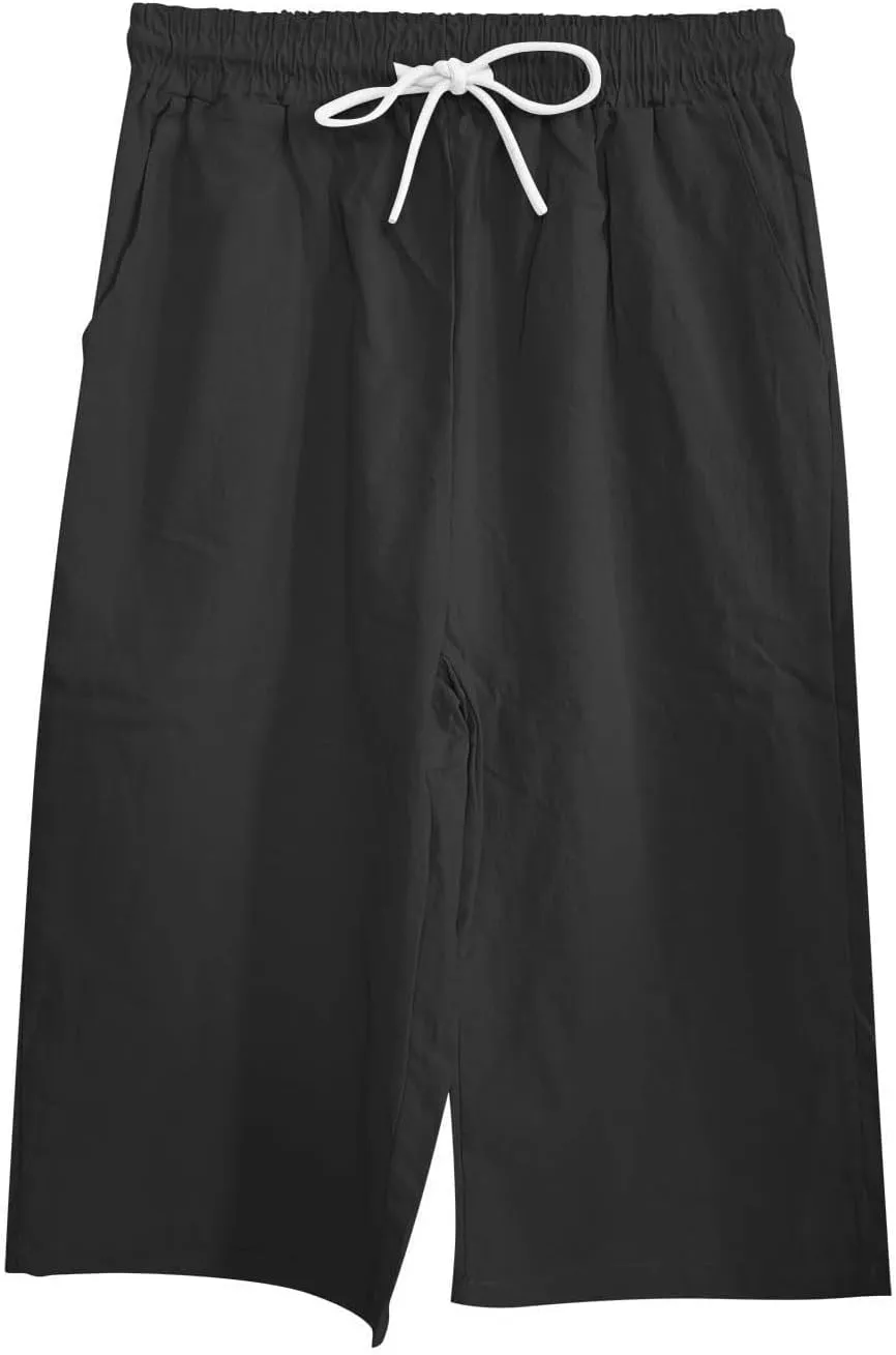 Linen Capri Pants for Women Casual Summer Capris Drawstring High Waist Pants Wide Leg Cropped Trousers