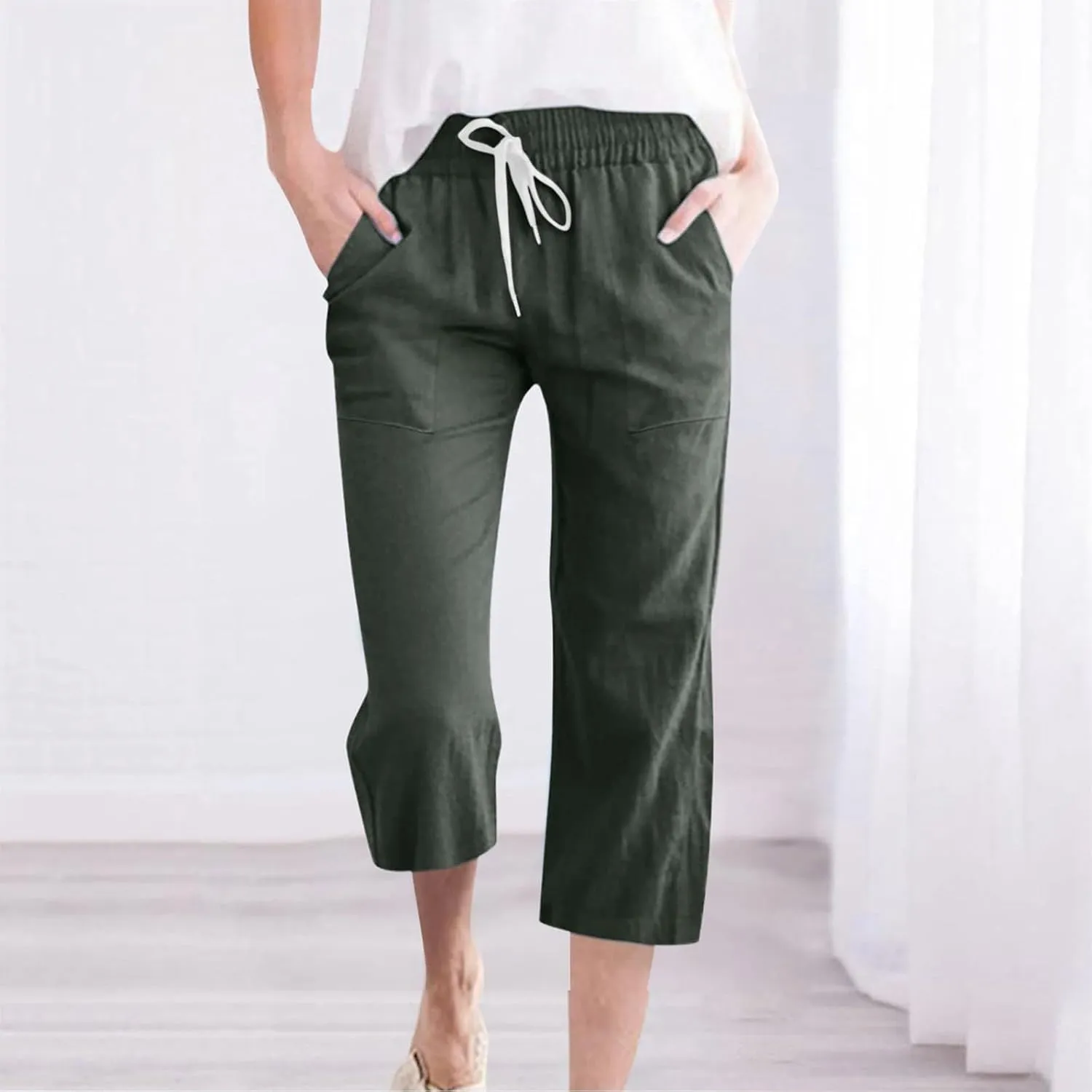 Linen Capri Pants for Women Casual Summer Capris Drawstring High Waist Pants Wide Leg Cropped Trousers