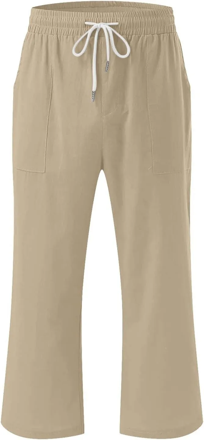 Linen Capri Pants for Women Casual Summer Capris Drawstring High Waist Pants Wide Leg Cropped Trousers