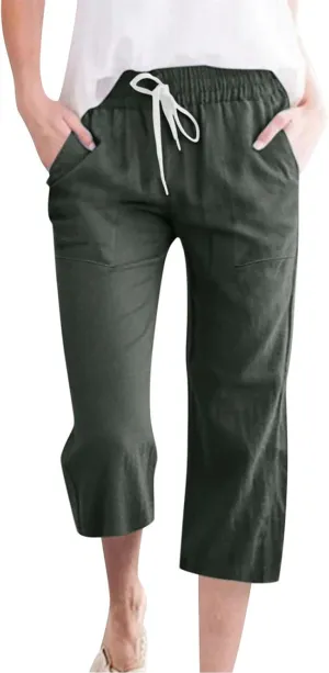 Linen Capri Pants for Women Casual Summer Capris Drawstring High Waist Pants Wide Leg Cropped Trousers