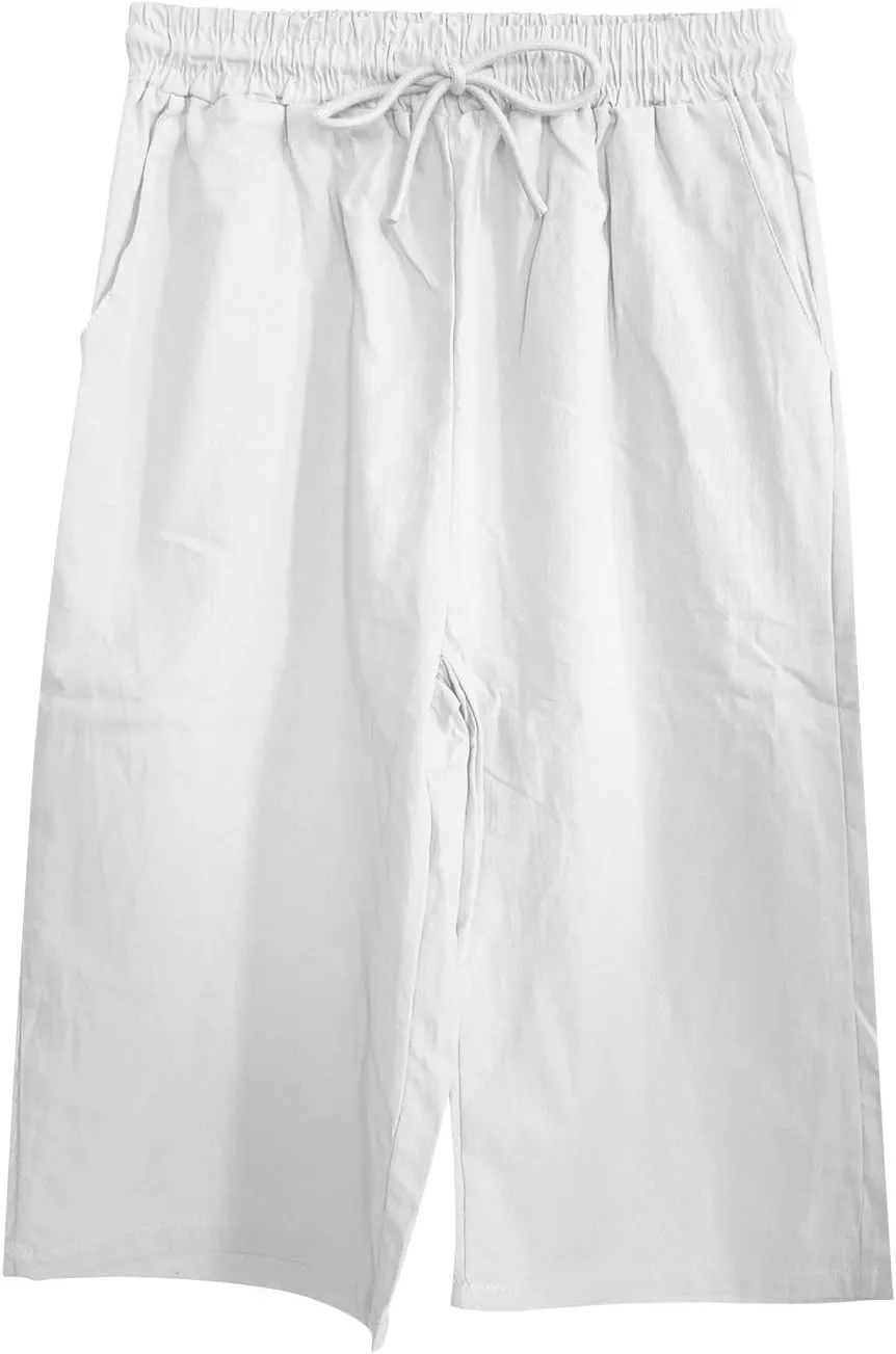 Linen Capri Pants for Women Casual Summer Capris Drawstring High Waist Pants Wide Leg Cropped Trousers