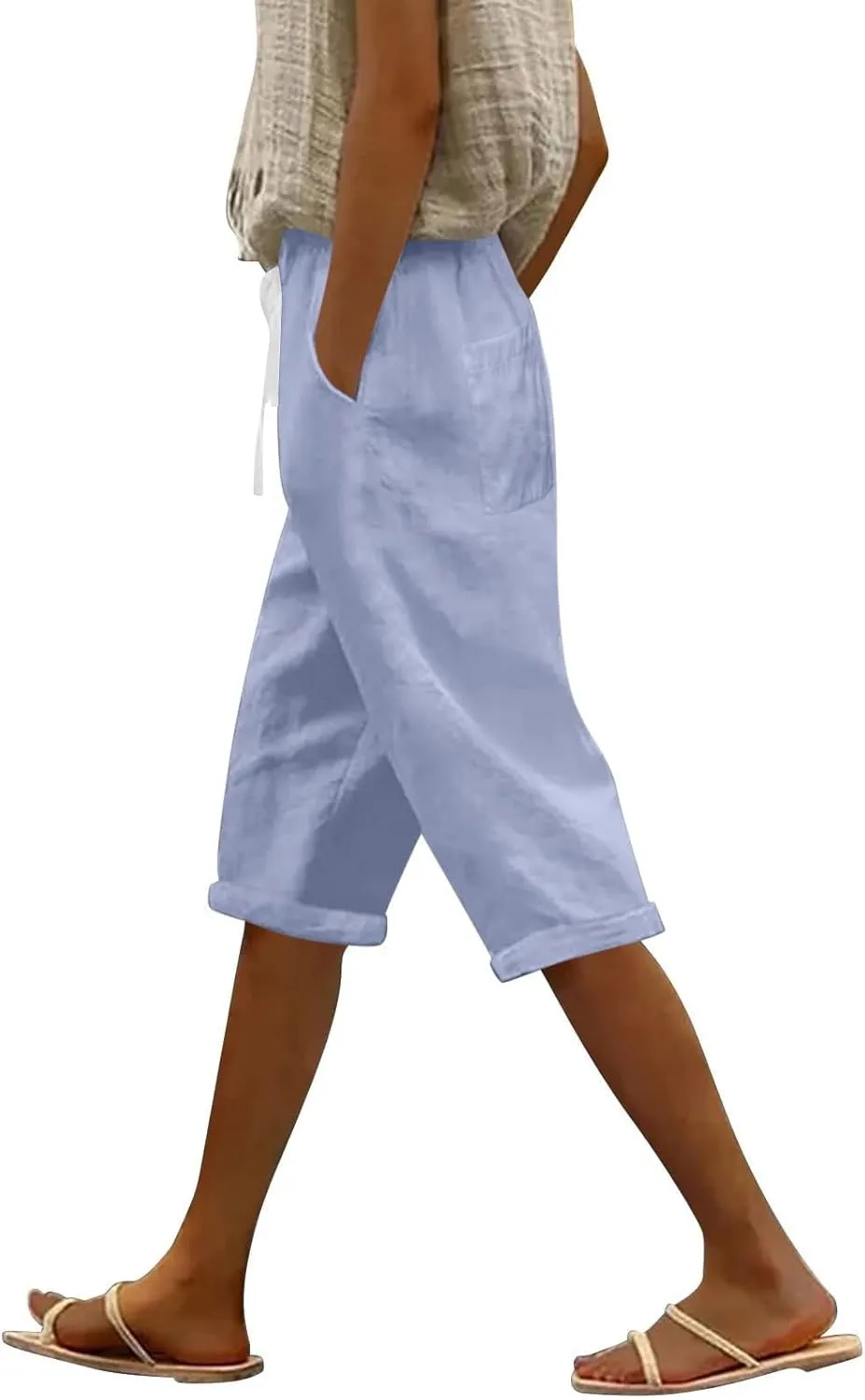 Linen Capri Pants for Women Casual Summer Capris Drawstring High Waist Pants Wide Leg Cropped Trousers
