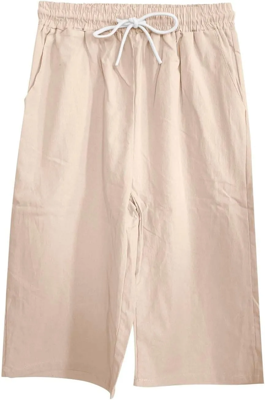 Linen Capri Pants for Women Casual Summer Capris Drawstring High Waist Pants Wide Leg Cropped Trousers