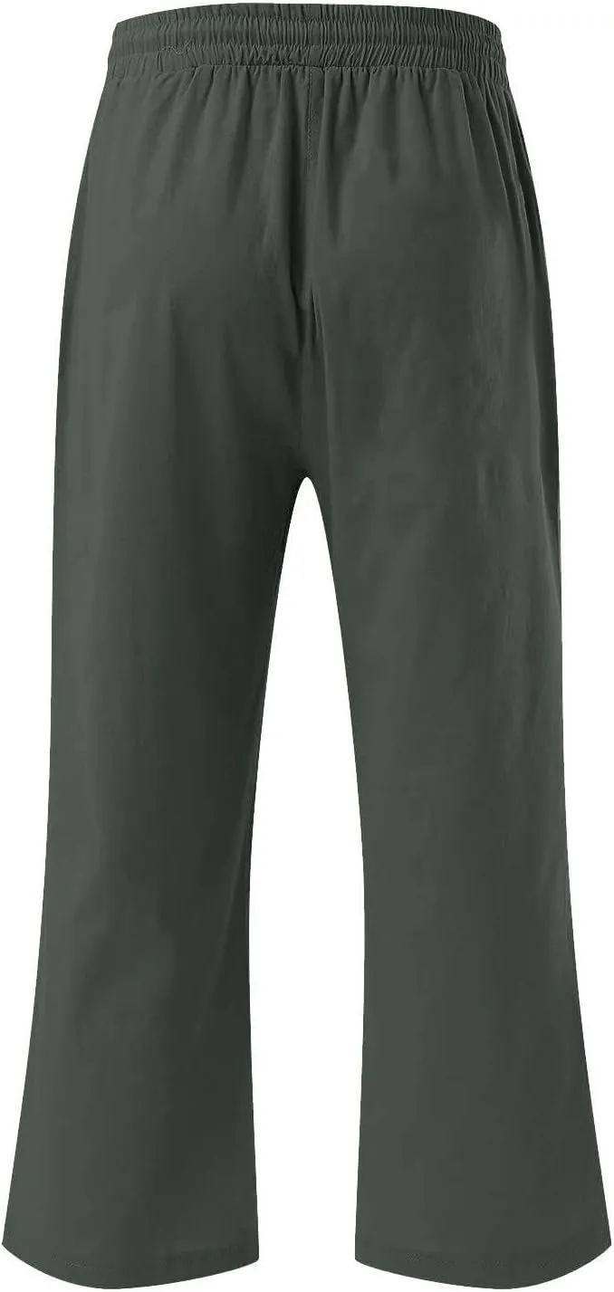 Linen Capri Pants for Women Casual Summer Capris Drawstring High Waist Pants Wide Leg Cropped Trousers