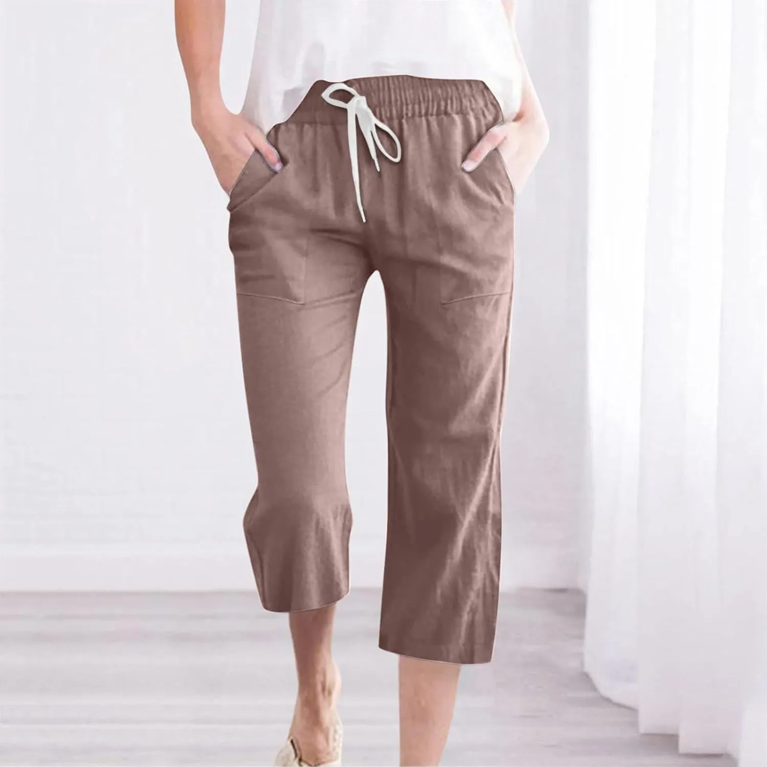 Linen Capri Pants for Women Casual Summer Capris Drawstring High Waist Pants Wide Leg Cropped Trousers