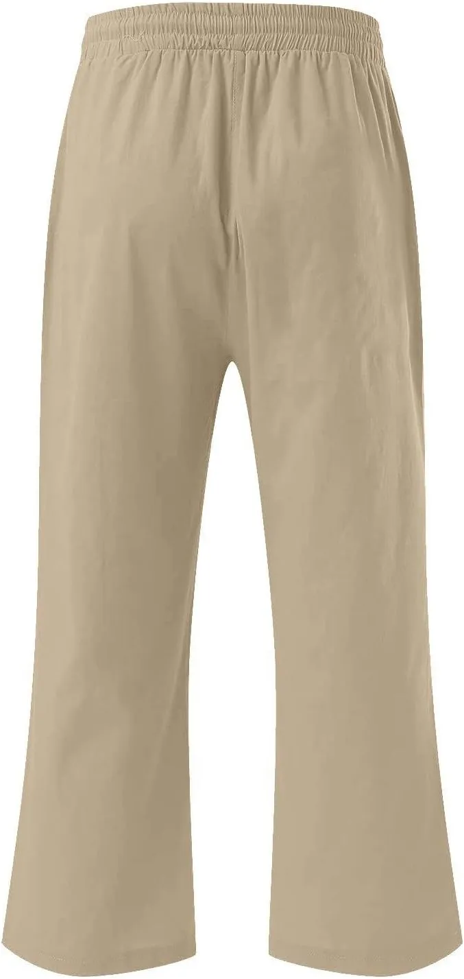 Linen Capri Pants for Women Casual Summer Capris Drawstring High Waist Pants Wide Leg Cropped Trousers