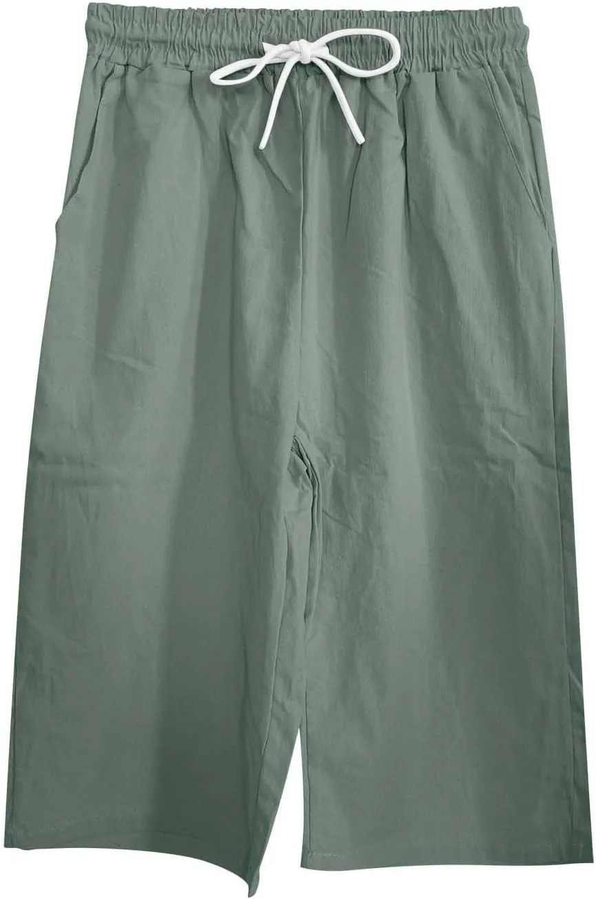 Linen Capri Pants for Women Casual Summer Capris Drawstring High Waist Pants Wide Leg Cropped Trousers