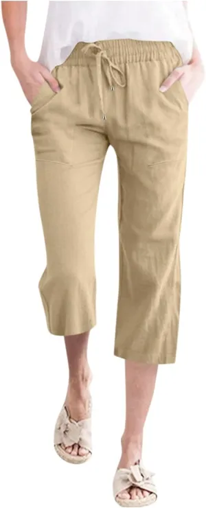 Linen Capri Pants For Women Petite Short Light Weight Casual Summer Straight Leg Cropped Trousers High Waist Pants