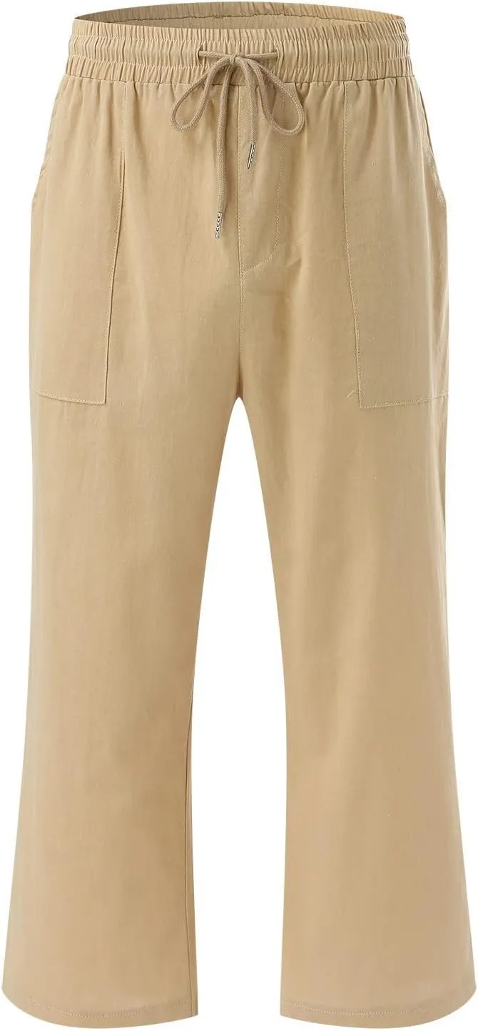 Linen Capri Pants For Women Petite Short Light Weight Casual Summer Straight Leg Cropped Trousers High Waist Pants