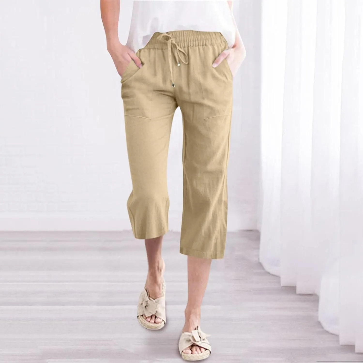 Linen Capri Pants For Women Petite Short Light Weight Casual Summer Straight Leg Cropped Trousers High Waist Pants