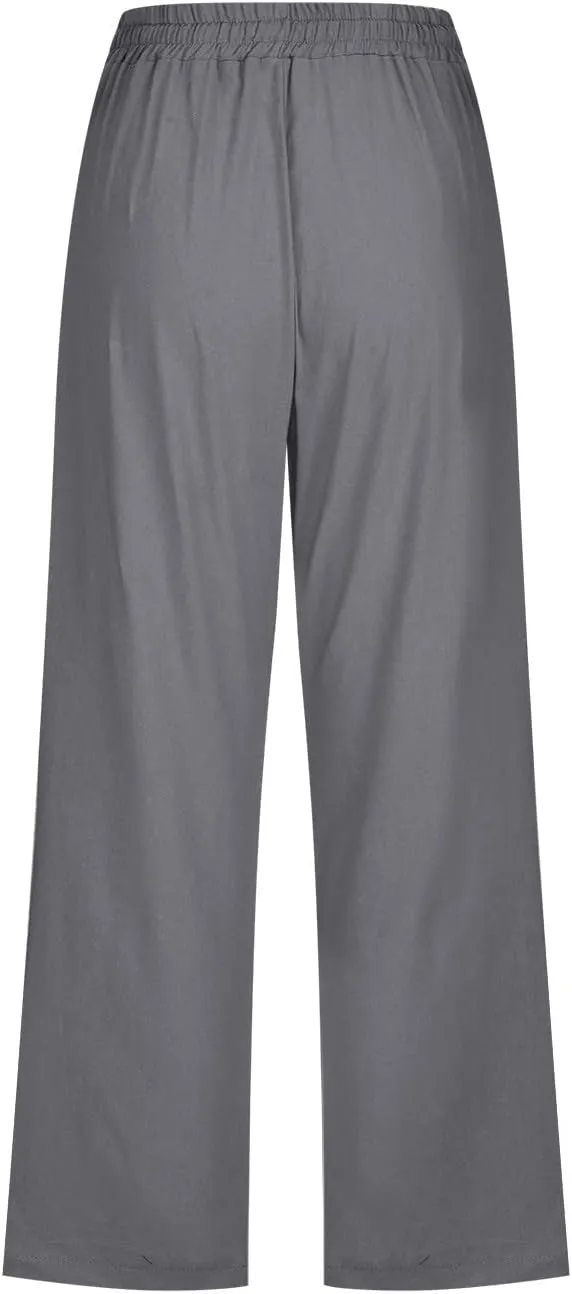 Linen Capri Pants for Women Summer Casual Wide Leg Beach Pants Elastic High Waist Drawstring Loose Cropped Trousers