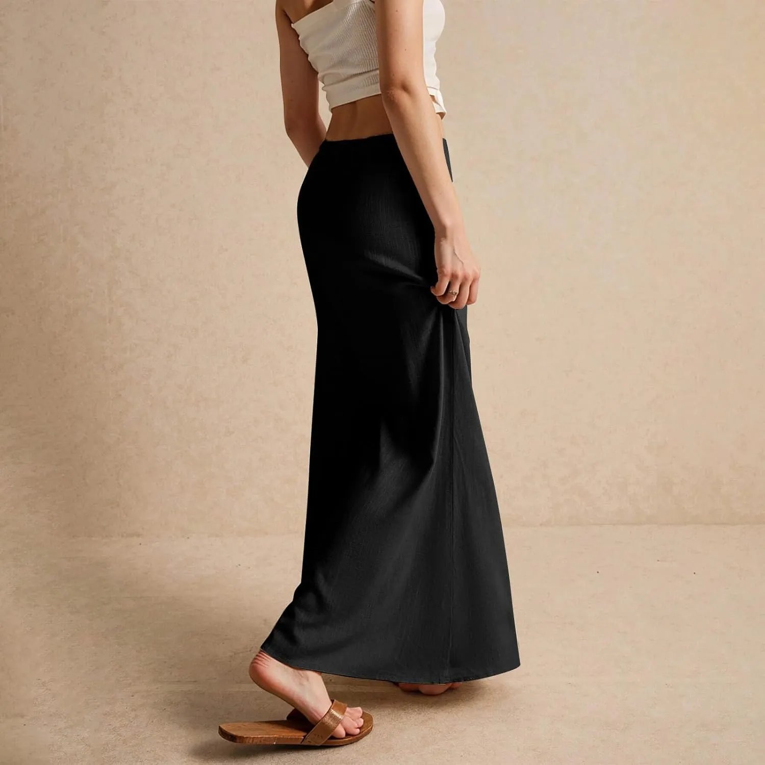 Linen Maxi Skirts for Women Trendy Summer Comfy Drawstring Waist A Line Dresses Cute Vacation Boho Long Flowy Skirts
