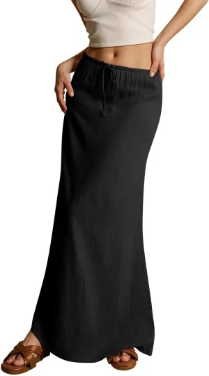 Linen Maxi Skirts for Women Trendy Summer Comfy Drawstring Waist A Line Dresses Cute Vacation Boho Long Flowy Skirts
