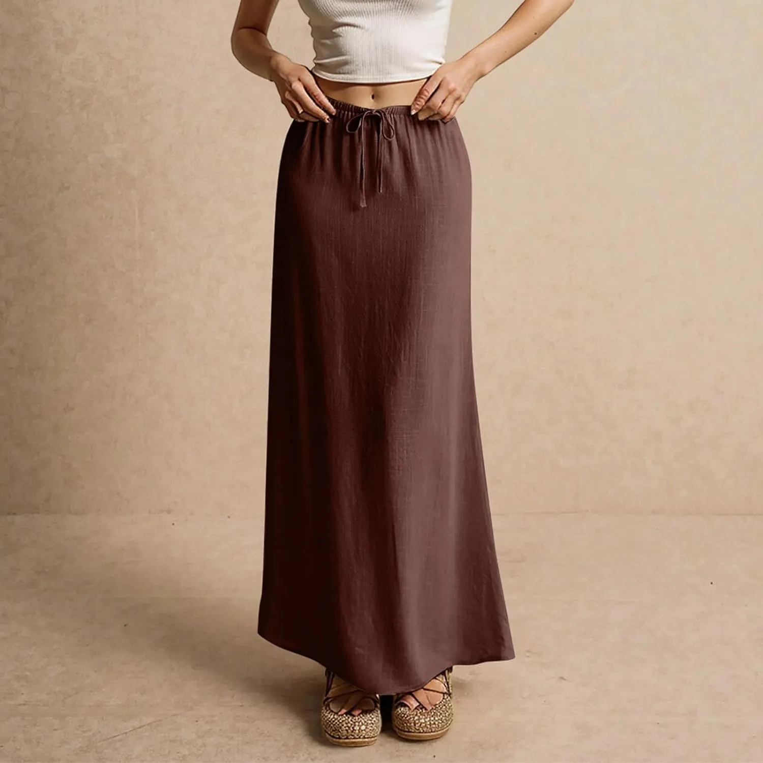 Linen Maxi Skirts for Women Trendy Summer Comfy Drawstring Waist A Line Dresses Cute Vacation Boho Long Flowy Skirts