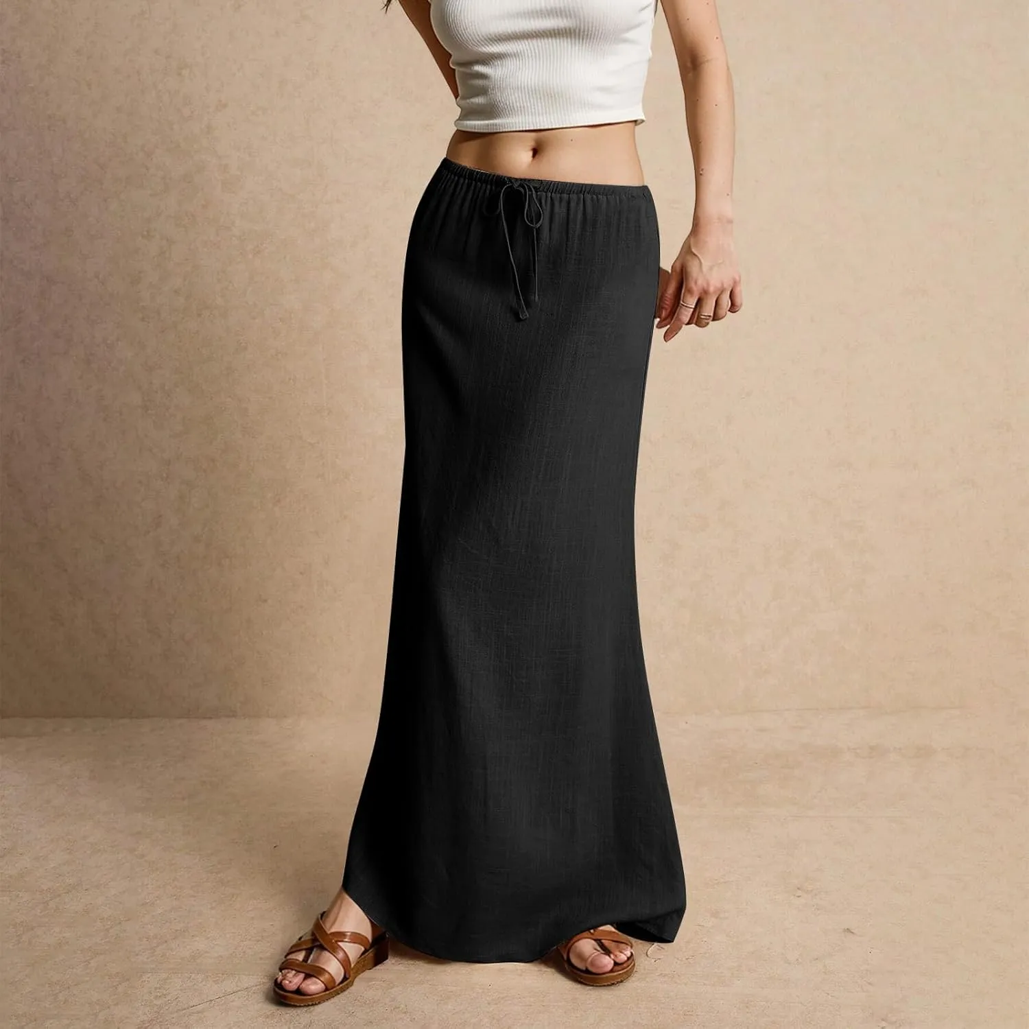 Linen Maxi Skirts for Women Trendy Summer Comfy Drawstring Waist A Line Dresses Cute Vacation Boho Long Flowy Skirts