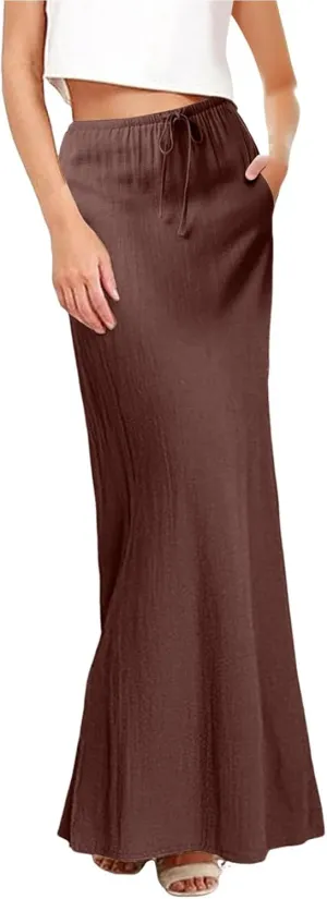 Linen Maxi Skirts for Women Trendy Summer Comfy Drawstring Waist A Line Dresses Cute Vacation Boho Long Flowy Skirts