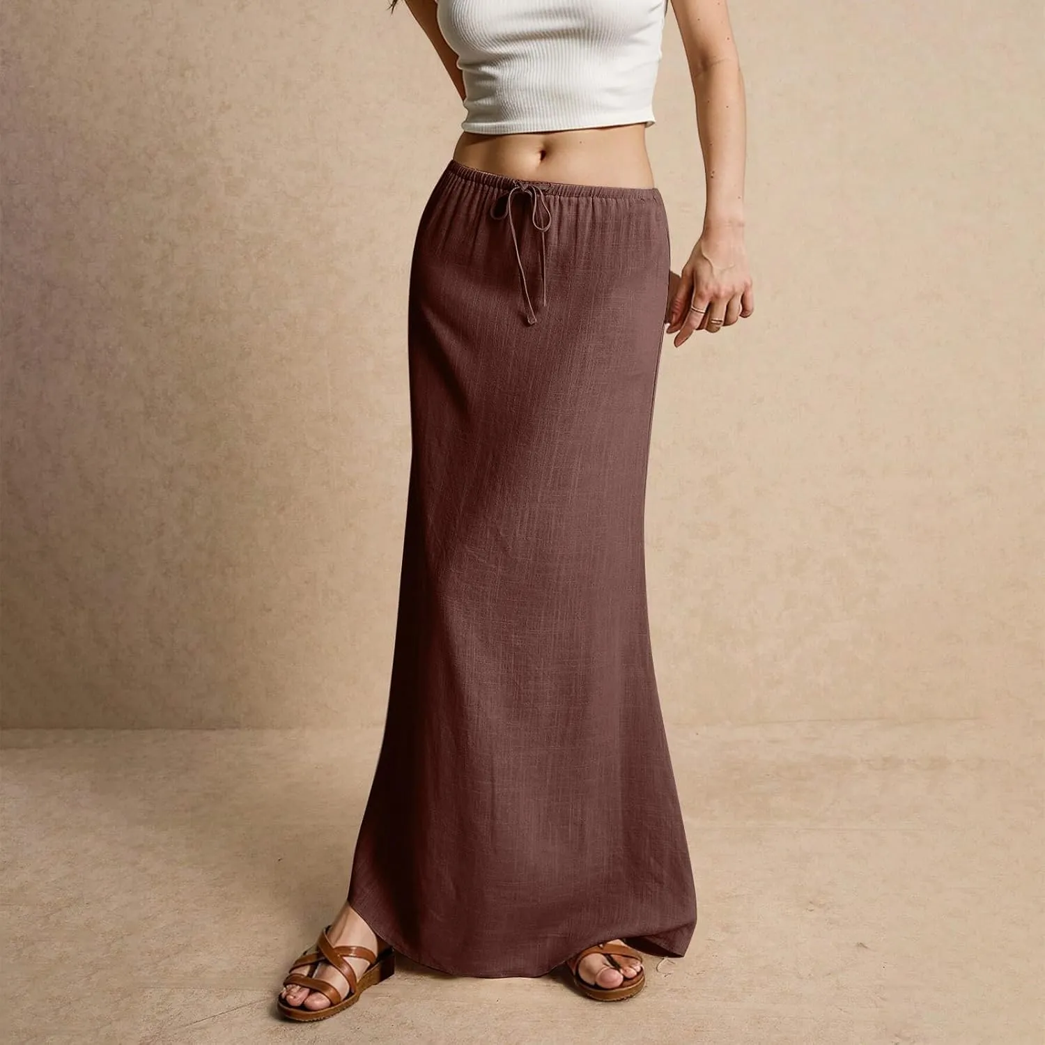 Linen Maxi Skirts for Women Trendy Summer Comfy Drawstring Waist A Line Dresses Cute Vacation Boho Long Flowy Skirts