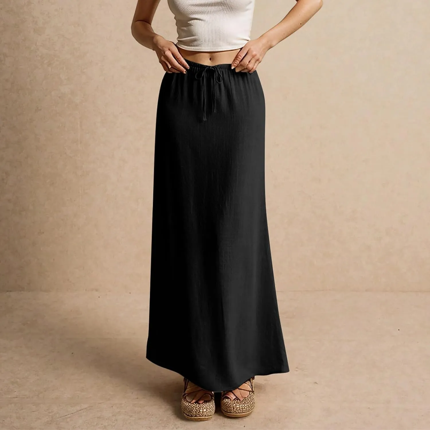 Linen Maxi Skirts for Women Trendy Summer Comfy Drawstring Waist A Line Dresses Cute Vacation Boho Long Flowy Skirts