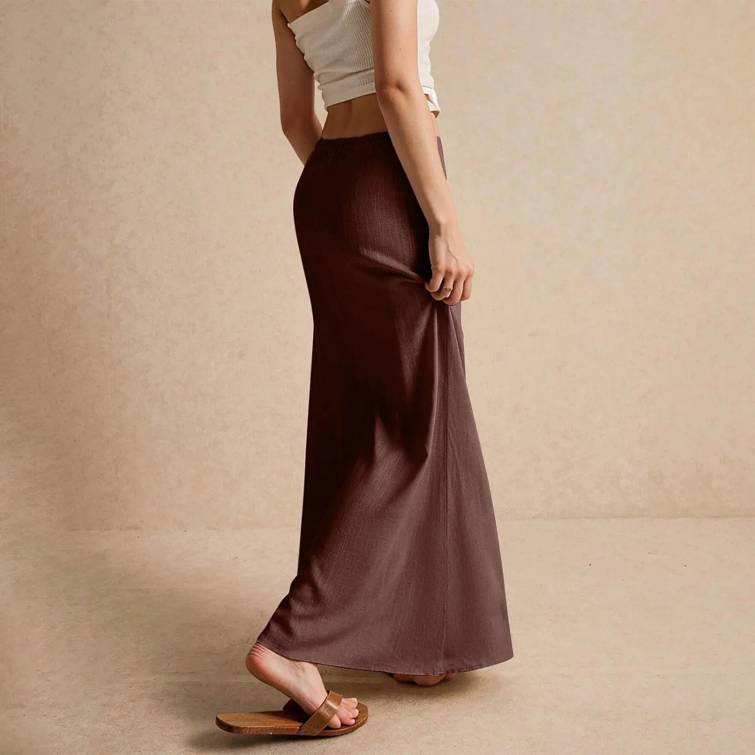 Linen Maxi Skirts for Women Trendy Summer Comfy Drawstring Waist A Line Dresses Cute Vacation Boho Long Flowy Skirts