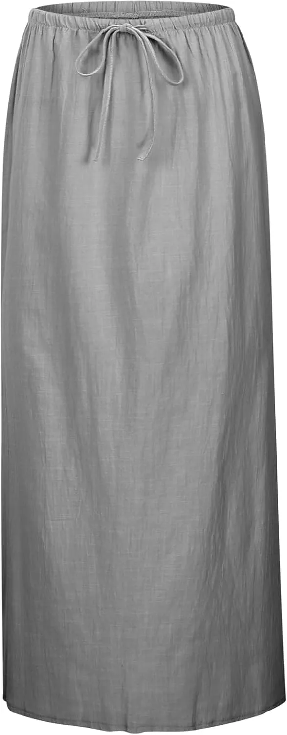 Linen Maxi Skirts for Women with Slit Summer Comfy Drawstring Waist A Line Skirts Vacation Boho Long Flowy Skirts