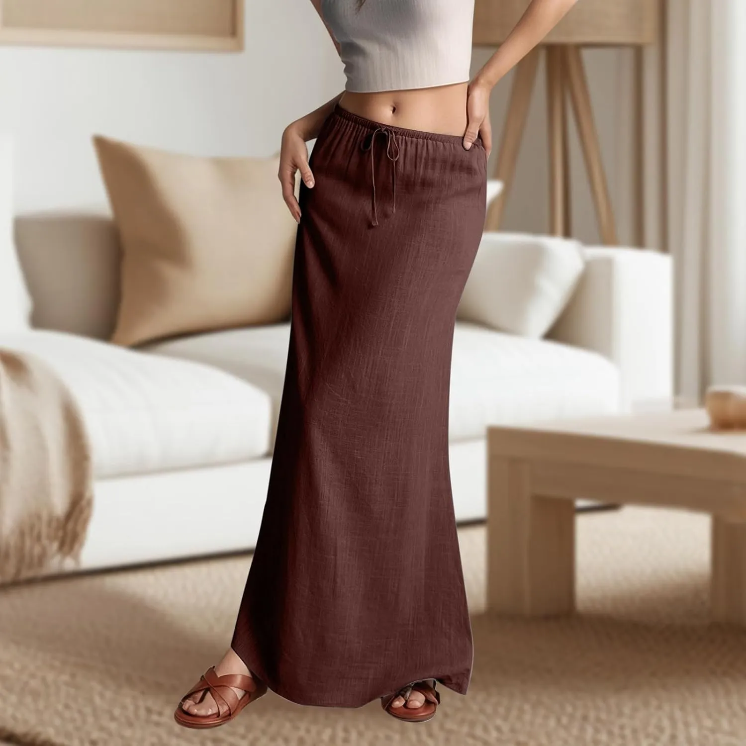 Linen Maxi Skirts for Women with Slit Summer Comfy Drawstring Waist A Line Skirts Vacation Boho Long Flowy Skirts