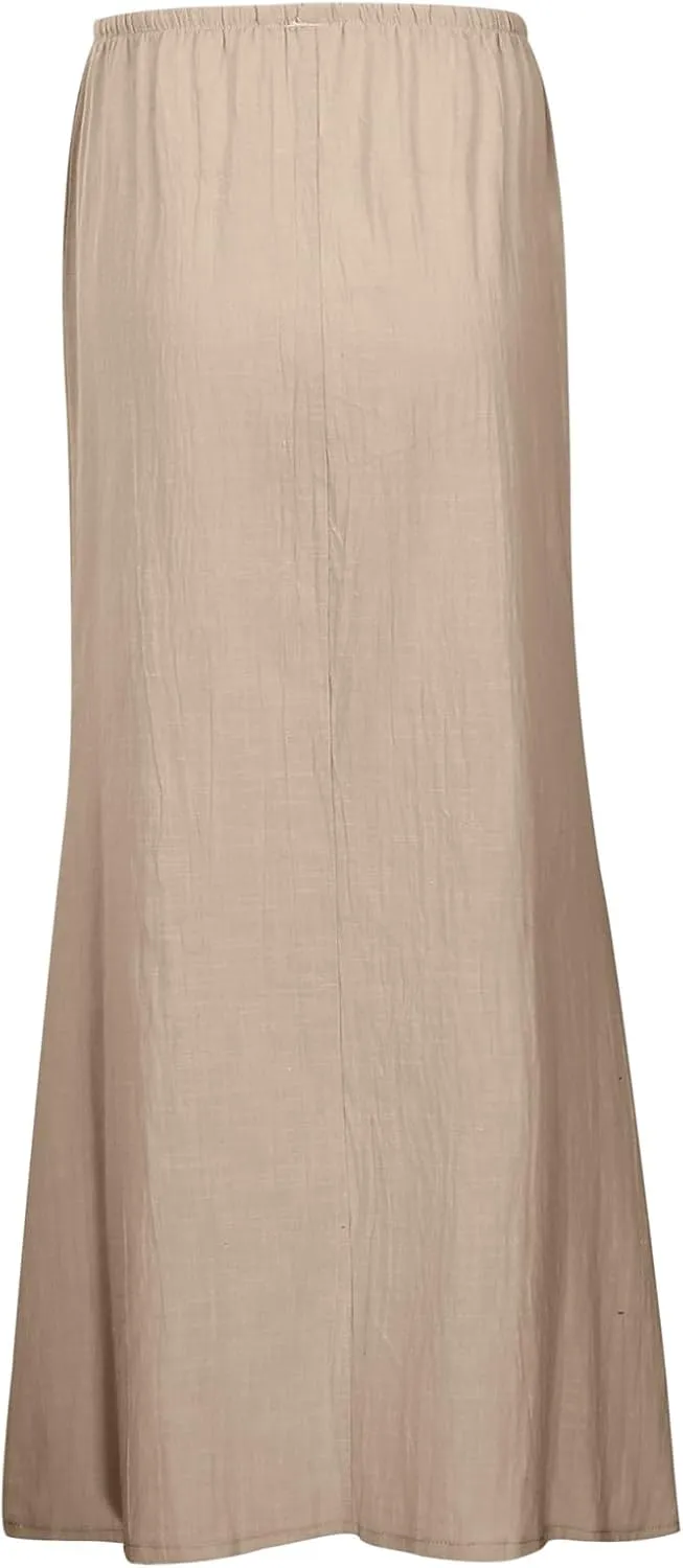 Linen Maxi Skirts for Women with Slit Summer Comfy Drawstring Waist A Line Skirts Vacation Boho Long Flowy Skirts