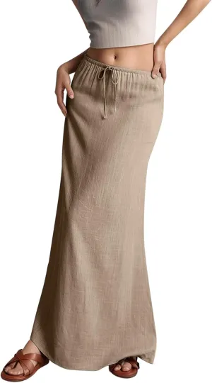 Linen Maxi Skirts for Women with Slit Summer Comfy Drawstring Waist A Line Skirts Vacation Boho Long Flowy Skirts