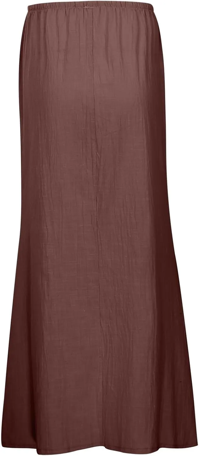 Linen Maxi Skirts for Women with Slit Summer Comfy Drawstring Waist A Line Skirts Vacation Boho Long Flowy Skirts