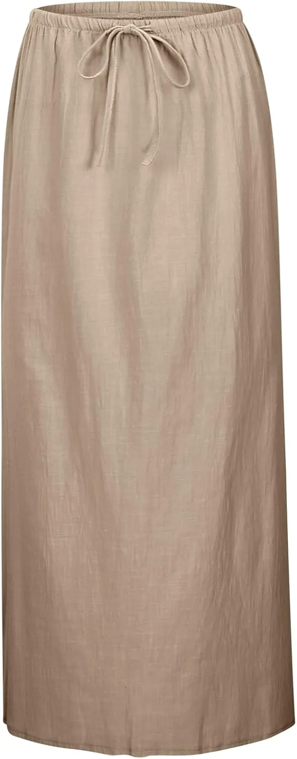 Linen Maxi Skirts for Women with Slit Summer Comfy Drawstring Waist A Line Skirts Vacation Boho Long Flowy Skirts