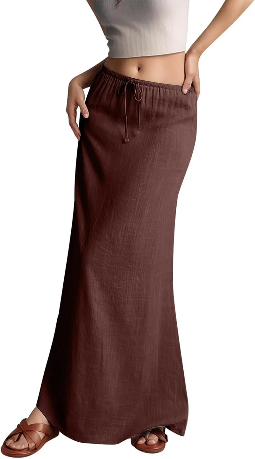 Linen Maxi Skirts for Women with Slit Summer Comfy Drawstring Waist A Line Skirts Vacation Boho Long Flowy Skirts