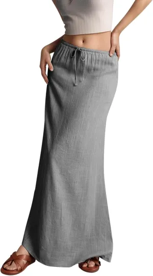 Linen Maxi Skirts for Women with Slit Summer Comfy Drawstring Waist A Line Skirts Vacation Boho Long Flowy Skirts