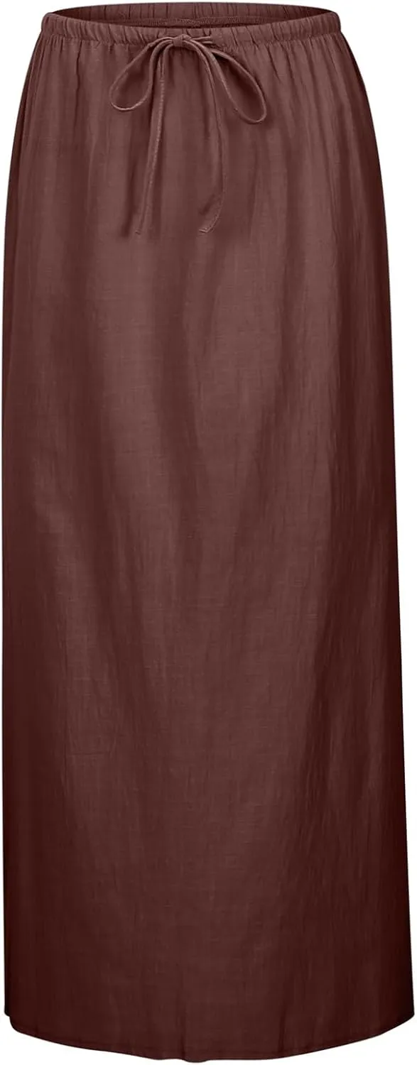 Linen Maxi Skirts for Women with Slit Summer Comfy Drawstring Waist A Line Skirts Vacation Boho Long Flowy Skirts