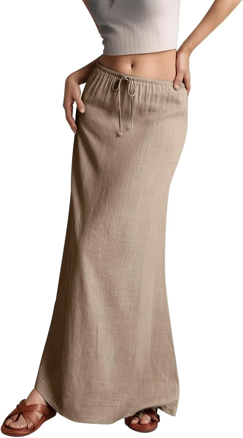 Linen Maxi Skirts for Women with Slit Summer Comfy Drawstring Waist A Line Skirts Vacation Boho Long Flowy Skirts