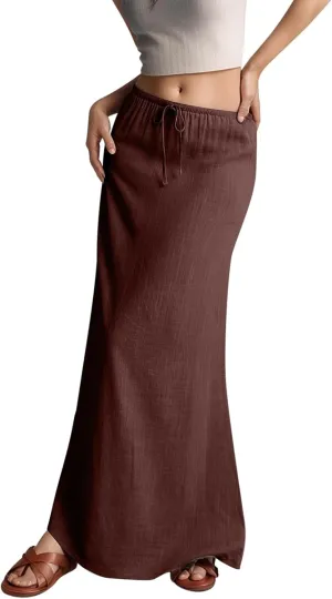 Linen Maxi Skirts for Women with Slit Summer Comfy Drawstring Waist A Line Skirts Vacation Boho Long Flowy Skirts