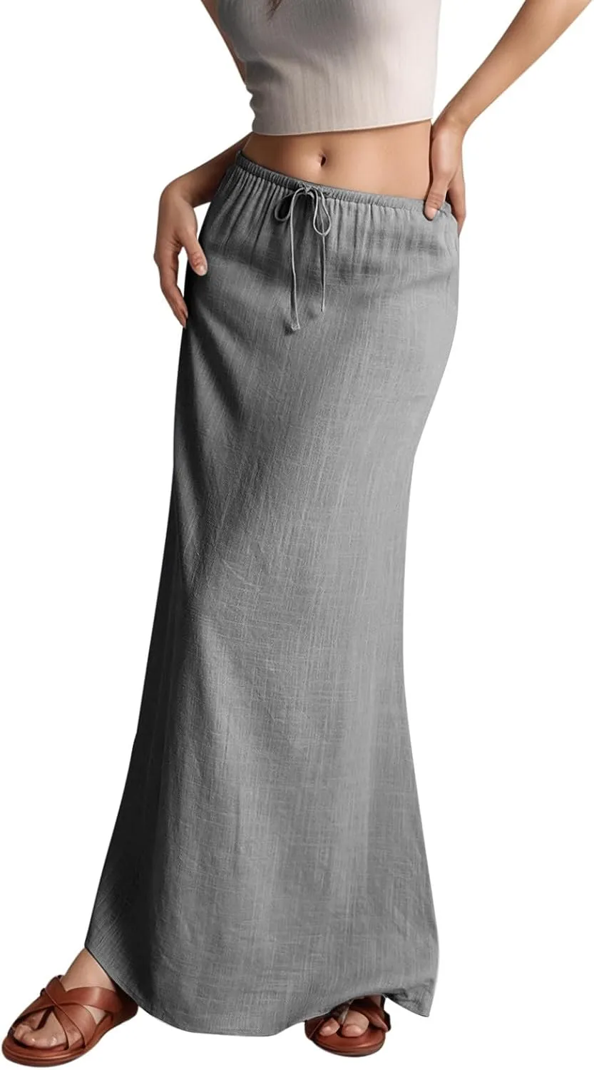 Linen Maxi Skirts for Women with Slit Summer Comfy Drawstring Waist A Line Skirts Vacation Boho Long Flowy Skirts