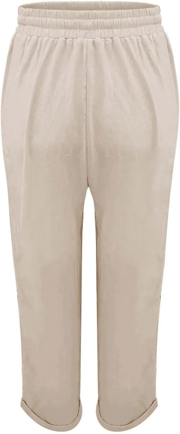 Linen Pants for Women 2025 Casual Straight Leg Drawstring Loose Lightweight Trousers with Pockets High Waist Pants