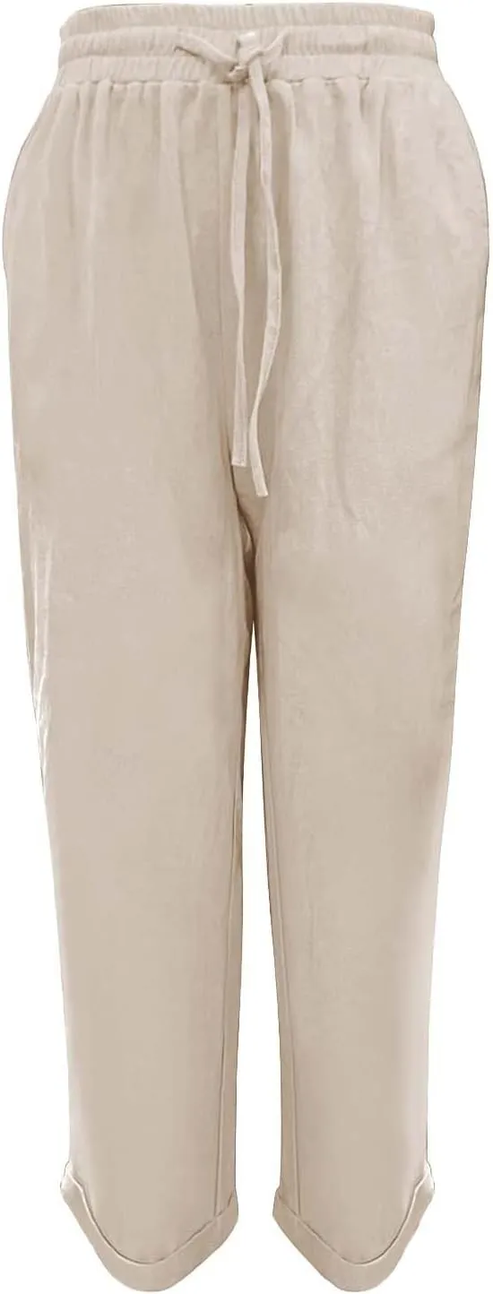 Linen Pants for Women 2025 Casual Straight Leg Drawstring Loose Lightweight Trousers with Pockets High Waist Pants