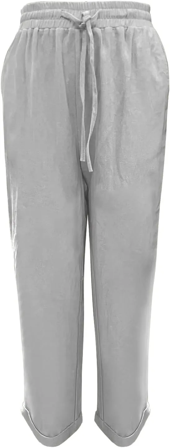 Linen Pants for Women 2025 Casual Straight Leg Drawstring Loose Lightweight Trousers with Pockets High Waist Pants
