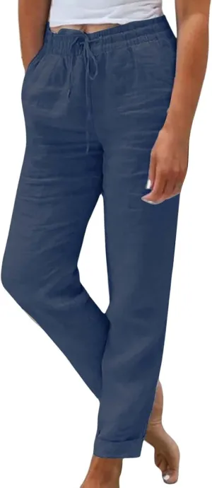 Linen Pants for Women 2025 Casual Straight Leg Drawstring Loose Lightweight Trousers with Pockets High Waist Pants
