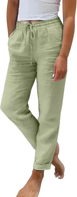 Linen Pants for Women 2025 Casual Straight Leg Drawstring Loose Lightweight Trousers with Pockets High Waist Pants