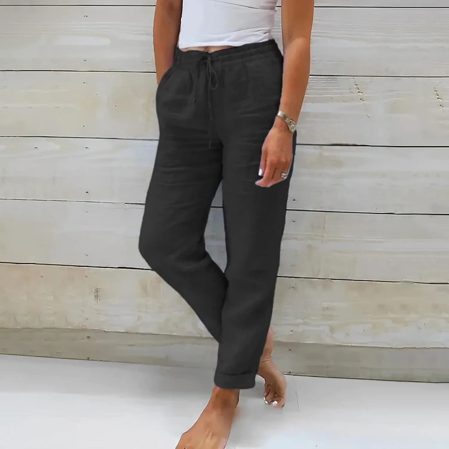 Linen Pants for Women 2025 Casual Straight Leg Drawstring Loose Lightweight Trousers with Pockets High Waist Pants