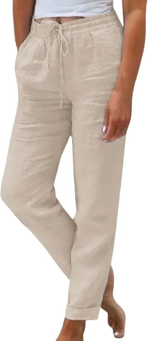 Linen Pants for Women 2025 Casual Straight Leg Drawstring Loose Lightweight Trousers with Pockets High Waist Pants