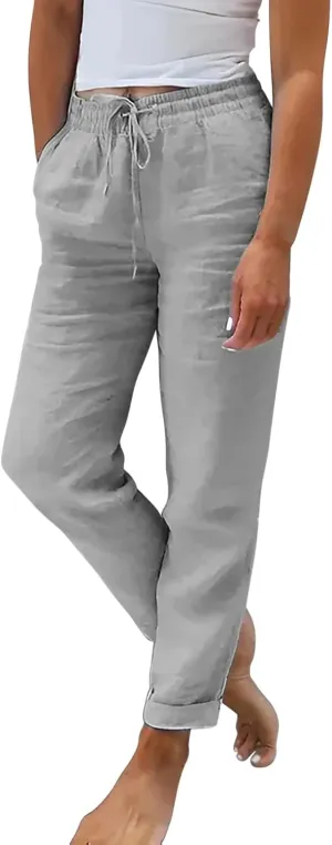 Linen Pants for Women 2025 Casual Straight Leg Drawstring Loose Lightweight Trousers with Pockets High Waist Pants
