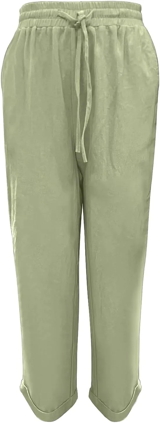 Linen Pants for Women 2025 Casual Straight Leg Drawstring Loose Lightweight Trousers with Pockets High Waist Pants